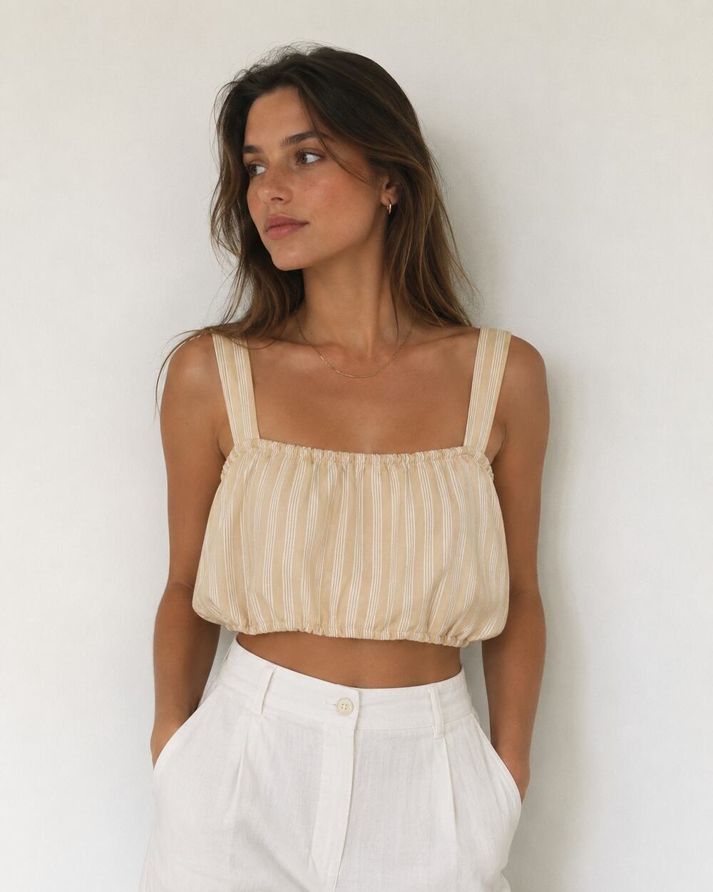 Show Me Your Mumu Alabama Crop Top Beige White Striped Boho Cottagecore Medium
